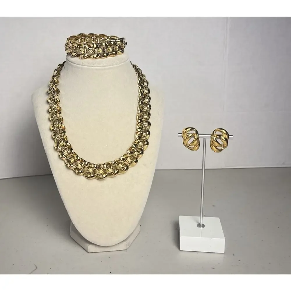 Vintage Napier 80s Chunky Gold Tone Set Link Chain Necklace Bracelet & Earrings